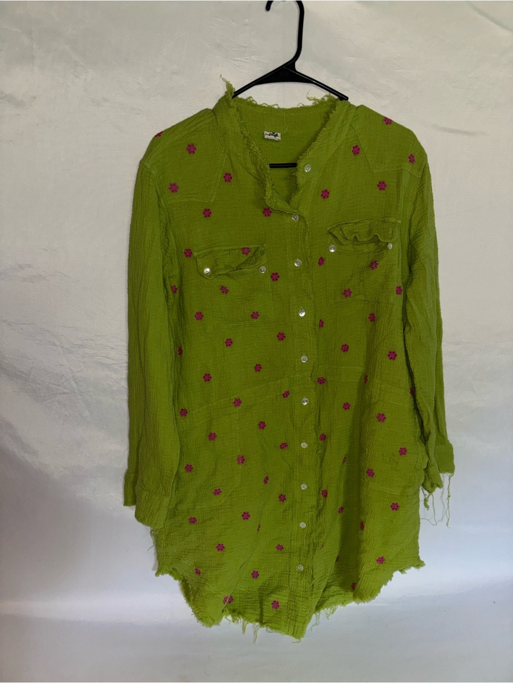 Ivy Jane Green Crinkle Embroidered Floral Boho Hippie Blouse Top M/L - Picture 1 of 5